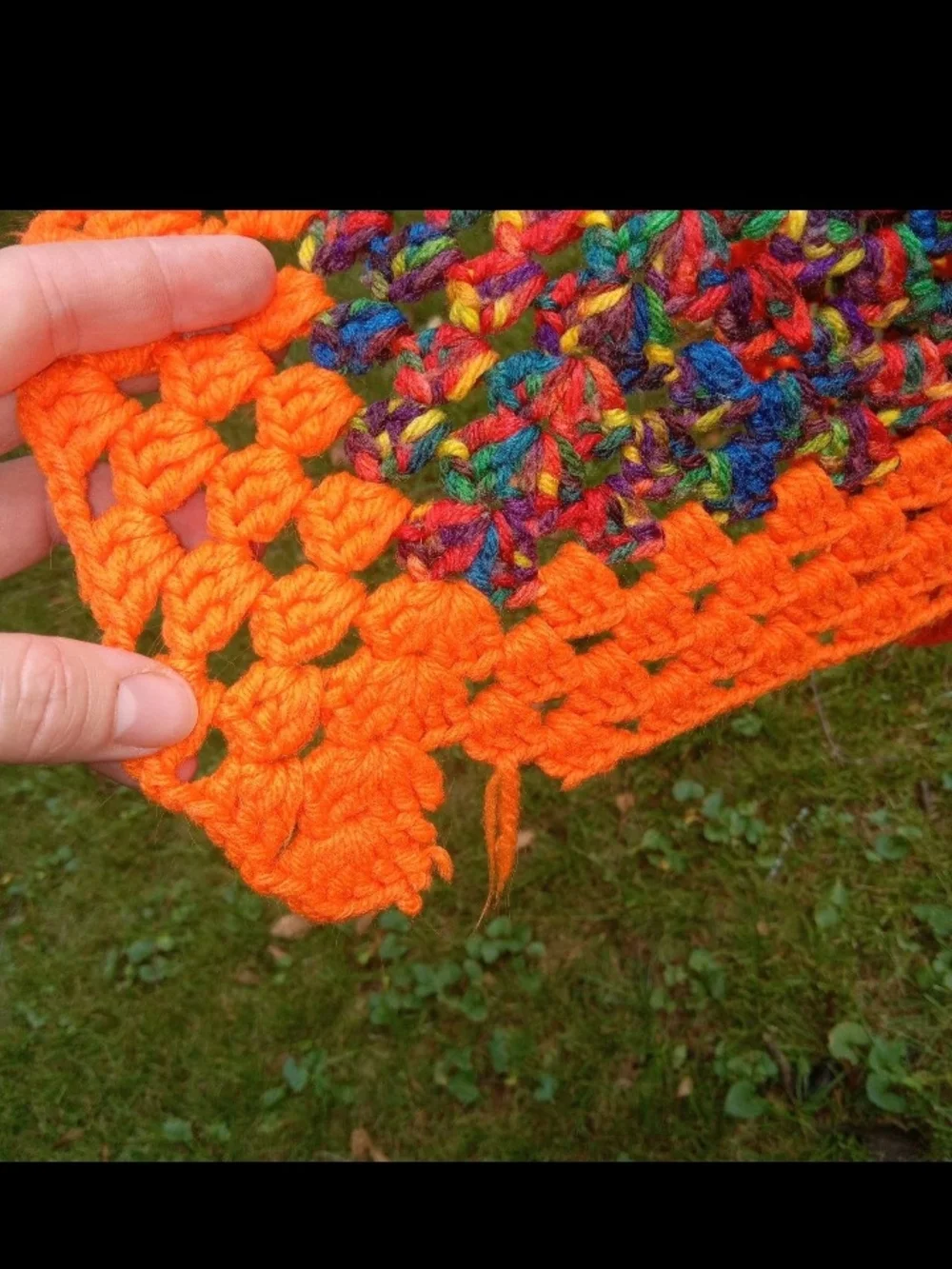 Vtg Handcrafted Bright Orange Crochet Throw Blanket with Multicolor Border